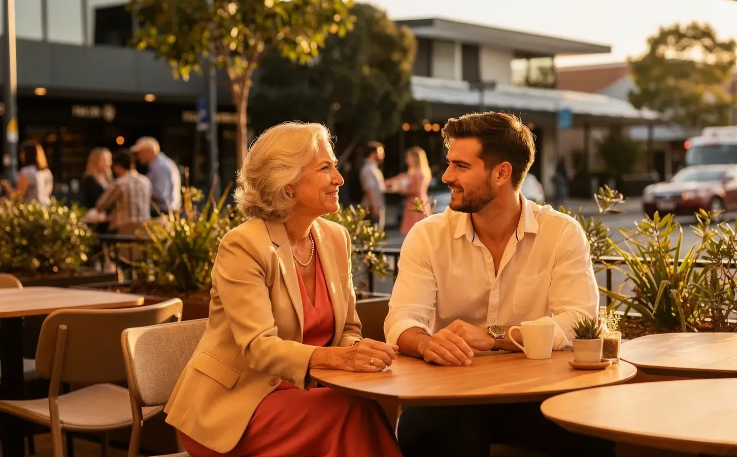 Granny Dating Australia - Confident Mature Woman and Younger Man at a Sunny Outdoor Cafe